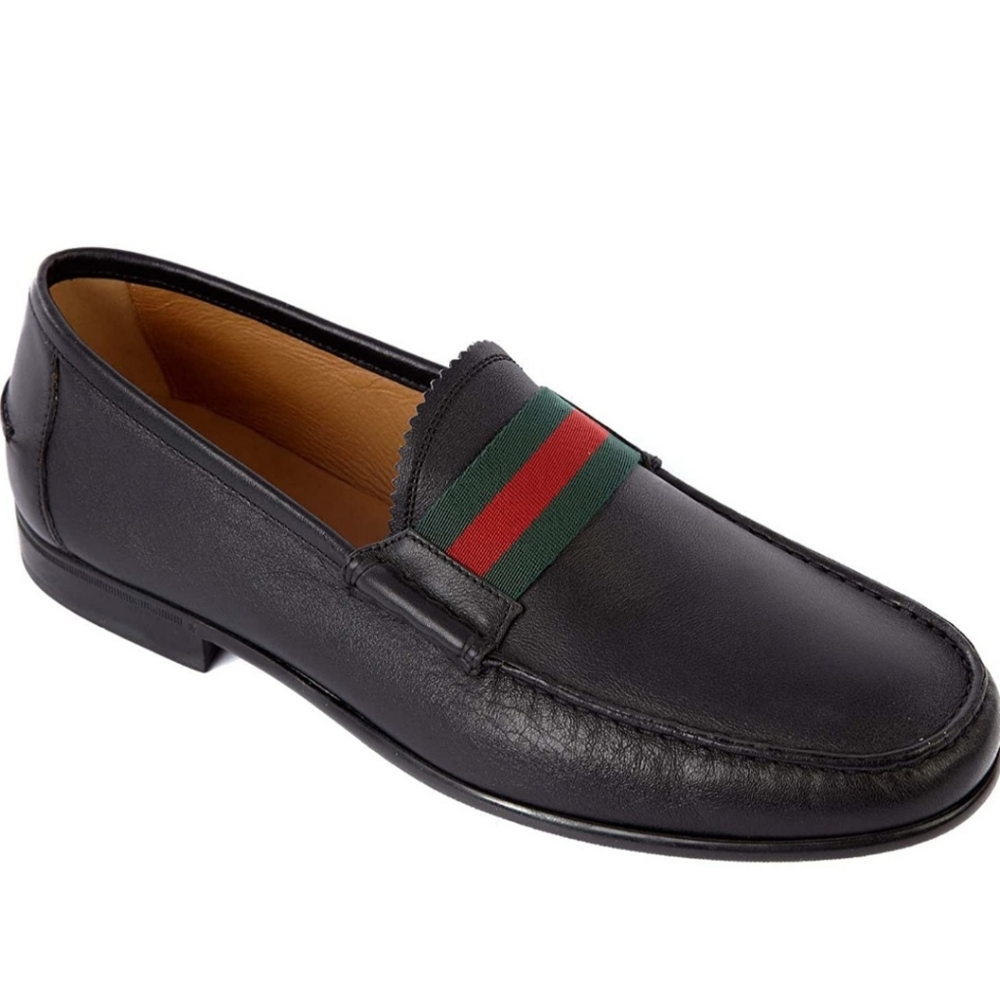 New Gucci Mens New Black Leather Red Strap Moccasins Loafers Style322509. Size 6
